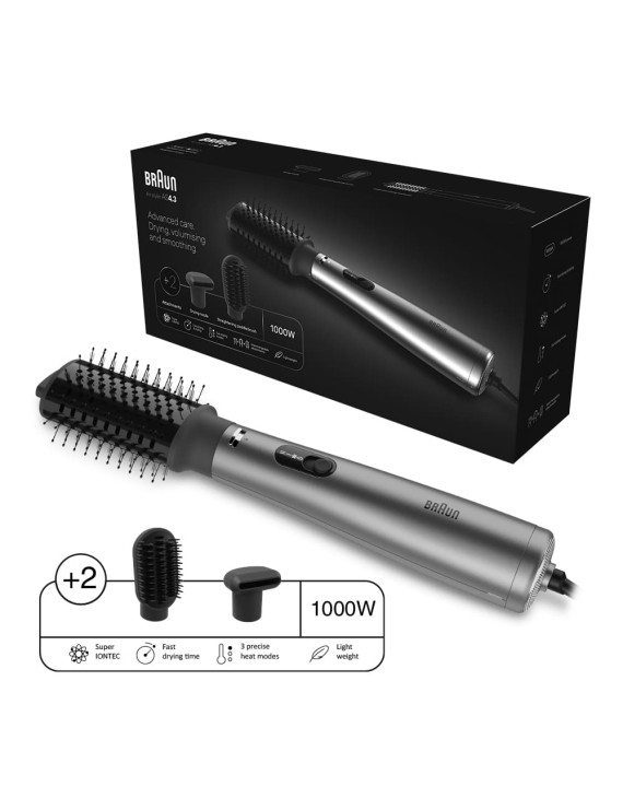 Braun Airstyler AS4.3 Airbrush, Advanced care, Drying, Volumizing, and Smoothing, 1000 W, +2 Attachments, Super ionic function, Ionic Grey - BRAS430SDE