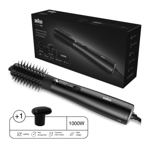 Braun Airstyler AS4.2 Airbrush, 1000 Watts, +1 Attachments, Ionic Function, Fast Drying Nozzle, 38mm Round Thermal Brush, Lock Release Button, Ionic Black - BRAS420SDE