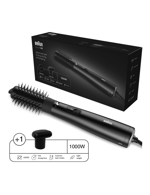 Braun Airstyler AS4.2 Airbrush, 1000 Watts, +1 Attachments, Ionic Function, Fast Drying Nozzle, 38mm Round Thermal Brush, Lock Release Button, Ionic Black - BRAS420SDE