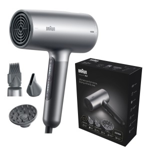 Braun Hairdryer HD4.3, Hair Dryer, HTDC motor, 2200 Watts, +3 Attachments, Large diffuser, Straightening Comb, HTDC motor, Electronic LED indicator, Super ionic function, Electro Grey - BRHD435SDE
