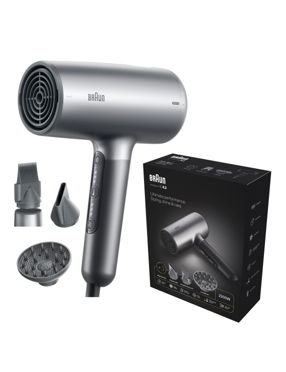 Braun Hairdryer HD4.3, Hair Dryer, HTDC motor, 2200 Watts, +3 Attachments, Large diffuser, Straightening Comb, HTDC motor, Electronic LED indicator, Super ionic function, Electro Grey - BRHD435SDE