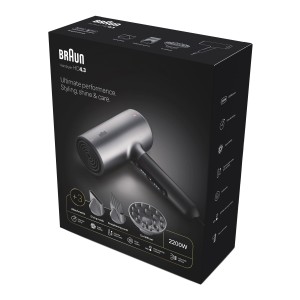 Braun Hairdryer HD4.3, Hair Dryer, HTDC motor, 2200 Watts, +3 Attachments, Large diffuser, Straightening Comb, HTDC motor, Electronic LED indicator, Super ionic function, Electro Grey - BRHD435SDE