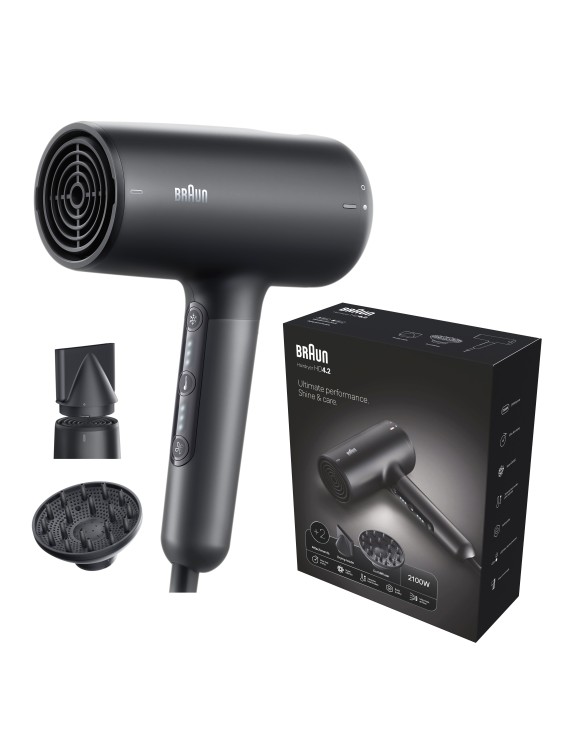 Braun Hairdryer HD4.2 Hair Dryer, HTDC motor, 2100 W, +2 Attachments, Electronic LED indicator, Large Diffuser & Nozzle, Super ionic Function, Electro Black - BRHD425SDE