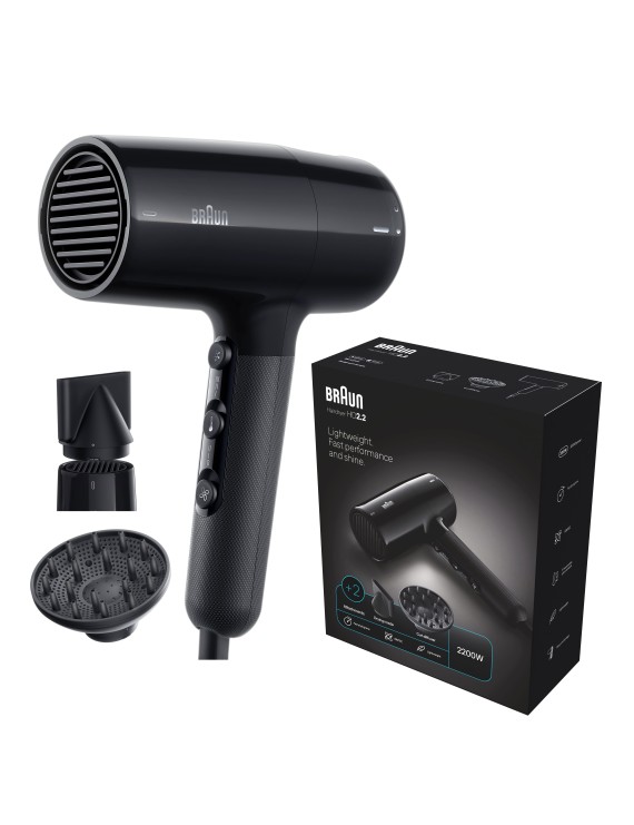 Braun Hairdryer HD2.2 Hair Dryer, 2200 W, +2 Attachments, Large Diffuser & Nozzle, Pivot Cord Guard, Ionic function, Ion Black - BRHD225SDE