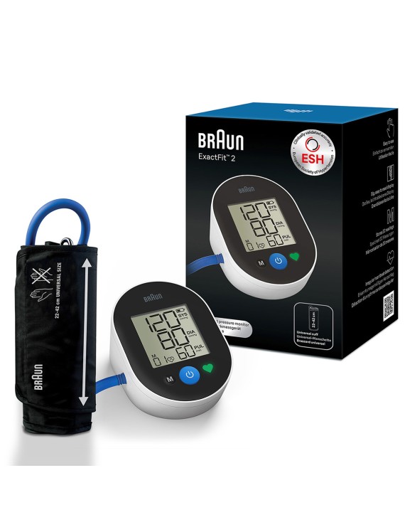 Braun BP Monitor Exactfit 2 Upper Arm,  Big and easy to read color-coded display, Single button operation, Universal cuff size, Stores last 30 readings - BUA4050