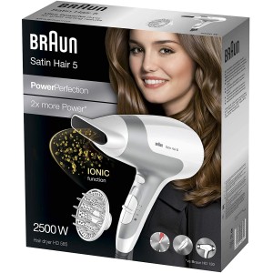 Braun Satin Hair 5 Power Perfection dryer - 2500 Watts Ultra Powerful, Ionic, Lightweight, With Diffuser Quick and efficient - HD585