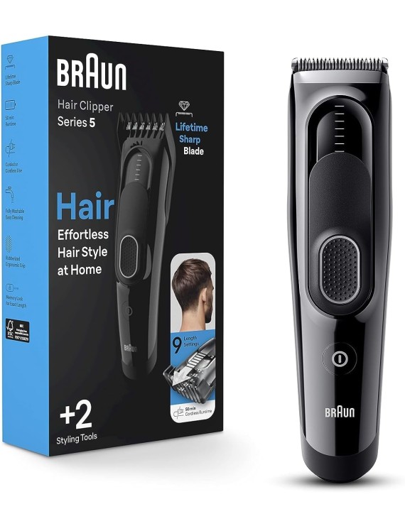 Braun Hair Clipper 9 lenghts settings, 1 Comb, Ultra sharp blades cuts all hair type, Built to last, NI-MH battery with 50mins Runtime - HC 5310