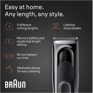 Braun Hair Clipper 9 lenghts settings, 1 Comb, Ultra sharp blades cuts all hair type, Built to last, NI-MH battery with 50mins Runtime - HC 5310