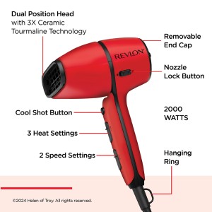 Revlon Airflow Control Hair Dryer 2000 Watts, Wider Head, 90 degrees Rotating, Ceramic Tourmaline, Removable End Cap, Compact size, 3 heat, 2 speed settings & Cool shot button - RVDR5320ARB 