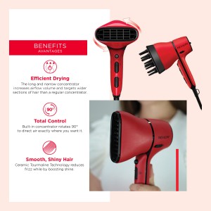 Revlon Airflow Control Hair Dryer 2000 Watts, Wider Head, 90 degrees Rotating, Ceramic Tourmaline, Removable End Cap, Compact size, 3 heat, 2 speed settings & Cool shot button - RVDR5320ARB 