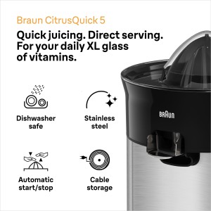 Braun CitrusQuick juicer, 60W motor, Direct serve, Universal presscone, auto start-stop, plastic lid, Easy Clean - CJ 5050