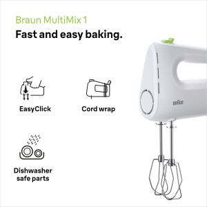 Braun MultiMix 1 Hand Mixer 450 W, FastMix Technology, EasyClick Attachments, 4 speed + turbo, 2 stainless steel dough hooks - HM 1100