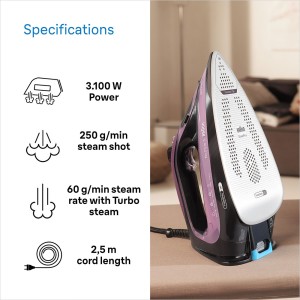 Braun Steam Iron 3100 Watts, iCare Technology, FreeGlide 3D, Vertical Steamer, Descaling Reminder, 70% Energy Saving, Auto Off - SI 9661 Violet