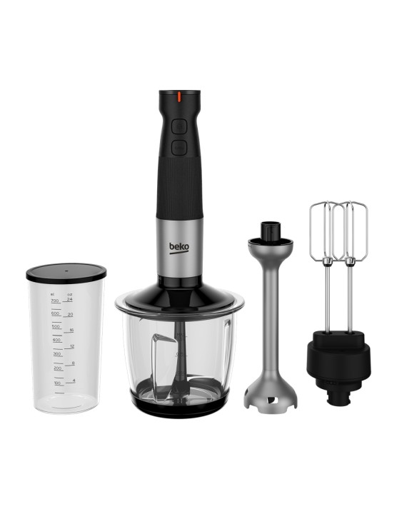 Beko hand blender 750W Motor, Variable and Turbo speed function, Stainless steel blades, 1L Glass Chopper Bowl, Double Beater and Plastic Beaker - HBA 81762 BX