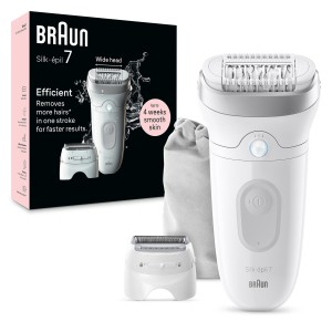 Braun Silk-épil 7, 3in1 Epilate and trim, wide head, Smart Light, 40 Microgrip Tweezer, Wet and Dry, 40min Cordless run time - SES 7041