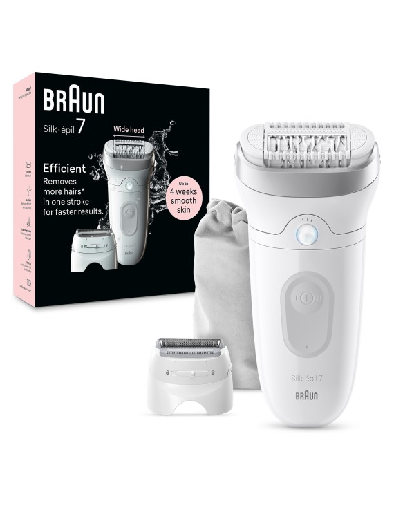 Braun Silk-épil 7, 3in1 Epilate and trim, wide head, Smart Light, 40 Microgrip Tweezer, Wet and Dry, 40min Cordless run time - SES 7041