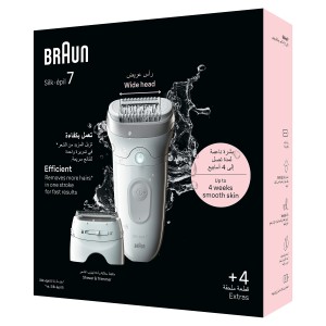 Braun Silk-épil 7, 3in1 Epilate and trim, wide head, Smart Light, 40 Microgrip Tweezer, Wet and Dry, 40min Cordless run time - SES 7041