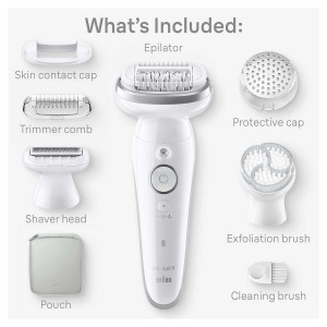 Braun 4in1 Silk-épil 9 SkinSpa, Wide pivoting head, 40 Microgrip Tweezers, Wet and Dry, 50mins Cordless time - SES 9061