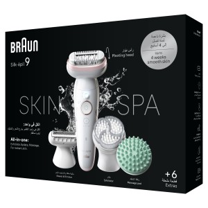 Braun Silk-épil 9 SkinSpa, Wide pivoting head, Smart Light, Smart Touch, 40 Microgrip tweezers, Wet and Dry, 50mins Cordless use - SES 9080