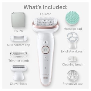 Braun Silk-épil 9 SkinSpa, Wide pivoting head, Smart Light, Smart Touch, 40 Microgrip tweezers, Wet and Dry, 50mins Cordless use - SES 9080