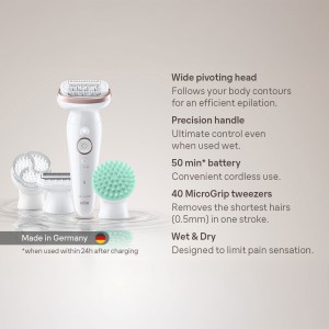 Braun Silk-épil 9 SkinSpa, Wide pivoting head, Smart Light, Smart Touch, 40 Microgrip tweezers, Wet and Dry, 50mins Cordless use - SES 9080