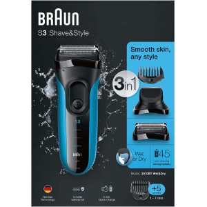 Braun Shaver 3010 BT Series 3, 3-in-1 Electric Wet & Dry Shaver with Precision Trimmer & 5 Comb Attachments