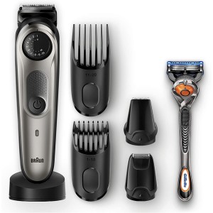 Braun BT7940 Rechargeable Beard and Hair Trimmer, with Gillette Fusion 5 ProGlide Razor and Toiletry Set, Grey/Black
