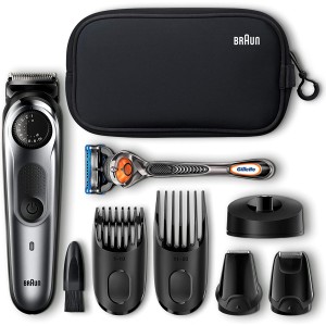 Braun BT7940 Rechargeable Beard and Hair Trimmer, with Gillette Fusion 5 ProGlide Razor and Toiletry Set, Grey/Black