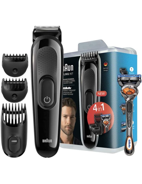 Braun Styling Kit SK 3000 4 in 1 Beard Trimmer with Gillette Fusion 5 Razor, Grocery pack
